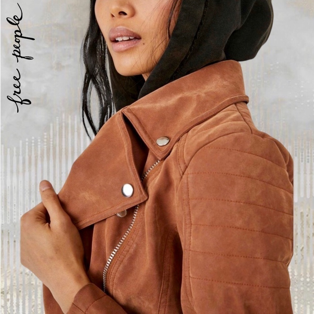 FREE PEOPLE NWT Harriett Moto-Style Brown Vegan Suede, Black Hood Jacket/Md - Picture 6 of 16
